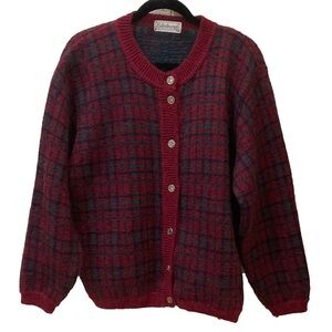 Edinburgh vintage mohair cardigan. Deep red/navy/green tartan plaid. Size L